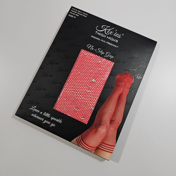Kix'ies Joely Red Rhinestone Fishnets Thigh-Highs Stockings - Picture 7 of 8